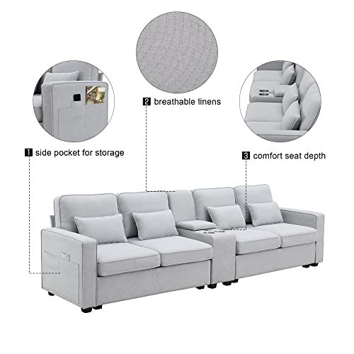 Williamspace 114.2" Upholstered Sofa Couch For Living Room, Modern 4 Seater Sofa Fabric Couches With Storageable Coffee Table And 2 Cupholders, 2 Usb Ports Wired Or Wirelessly Charged (Grey) #TOP6
