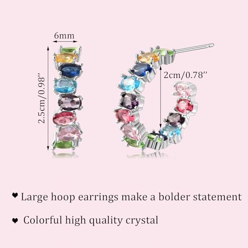 Silver Hoop Earrings for Women Colorful Crystal Cubic Zirconia Earrings Rainbow Chunky Half Hoops for Birthstone Jewelry 5