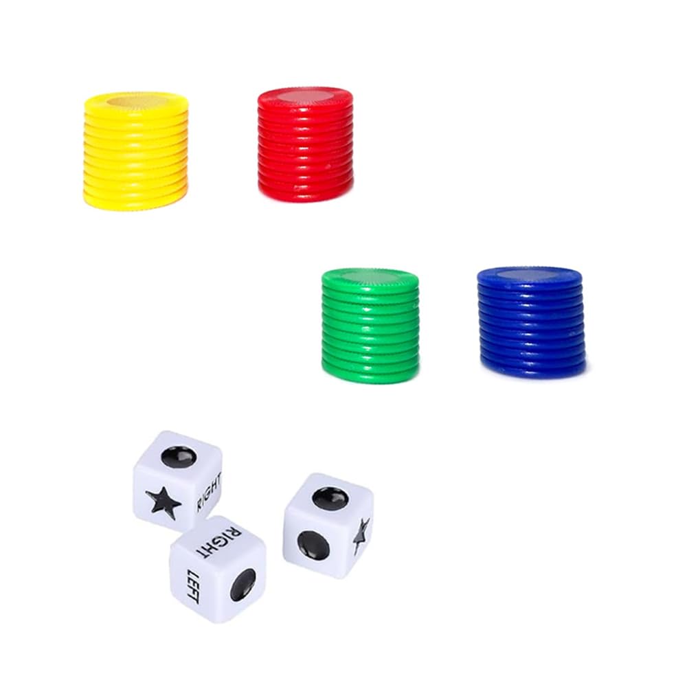 Sarini Gioco di dadi sinistra centro destra con 4 gettoni colorati, dadi a 3 stelle e istruzioni - Scatola di latta da 65 g, perfetta per feste, riunioni di famiglia e riunioni con gli amici