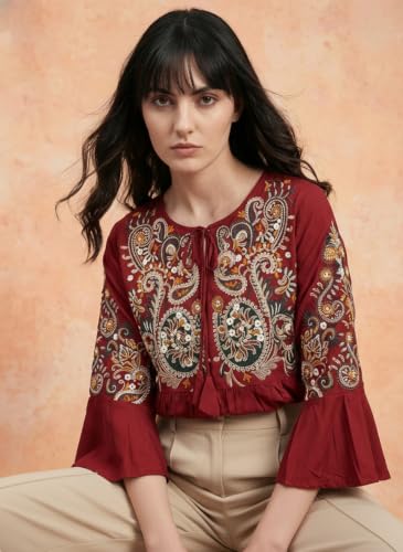 Image of Bee M Pee Designer Women's Short Kurti Navy Embroidered Viscose Rayon Tunic Tops