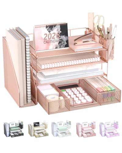 Image of WALI Desk File Organizer, 4 Tier Desktop Paper Letter Tray Organizer with Drawer and 2 Pen Holders, Office Desk Accessories & Workspace Organizers for Office, Home, School Supplies, 1 Pack, Rose Gold