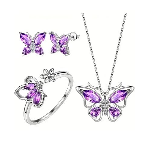 Butterfly Crystal Jewelry Set with Butterfly Necklace Stud Earrings Adjustable Ring for Women Dainty Butterfly Jewelry Gifts