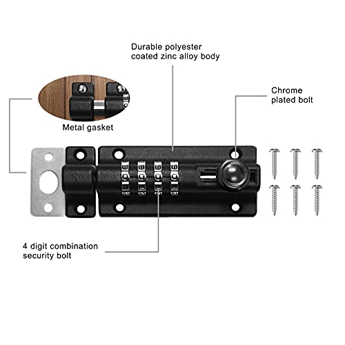 Image of RESET-008 Combination Locking Bolt, 4 Digit Combination Door Security Slide Latch Lock Set Your Own Password, Black