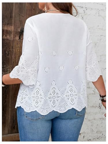 MakeMeChic Women's Plus Size Eyelet Blouse Embroidery 3/4 Sleeve Notch Neck Fall Casual Shirt2