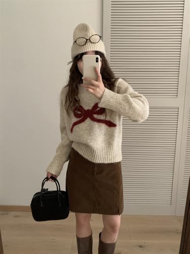 Image of Women's Y2K Bow Print Cropped Sweater Casual Loose Fit Pullover Tops Long Sleeve Crew Neck Chunky Knit Jumpers