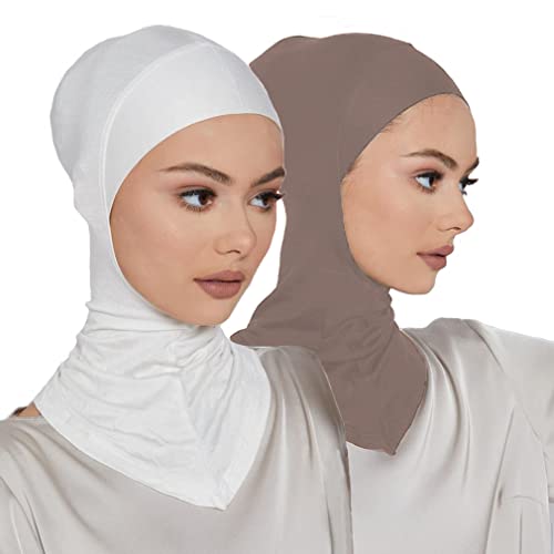 LMVERNA 2 Pieces Modal Hijab Cap Adjustable Muslim Stretchy Turban Full Cover Shawl Undercap Full Neck Coverage for Women