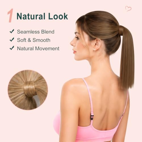 Image of Easyouth Pony Tail Extensions, 18 Inch 80G, Blonde Human Hair Ponytail Extension, Ash Blonde Highlight Blonde, Real Hair Ponytail Extension, Lightweight Wrap Around Ponytail Hair for Women