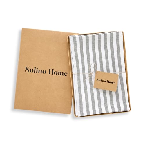 Image of Solino Home 100% Linen Napkins, 20 x 20 in, Grey and White Stripe, Set of 4 | Amalfi Stripe, a finishing touch for meals, weddings and holidays, European flax fibres, machine washable, OEKO-TEX Certified