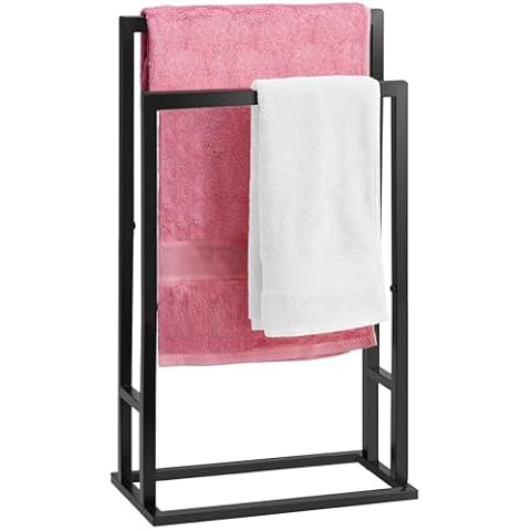 Standing Towel Rack, 2 Tier Stainless Steel Black Towel Racks for Bathroom, Hand Towel Drying Rack Stand Holder for Outdoor, Blanket Rack, ALHAKIN Cover