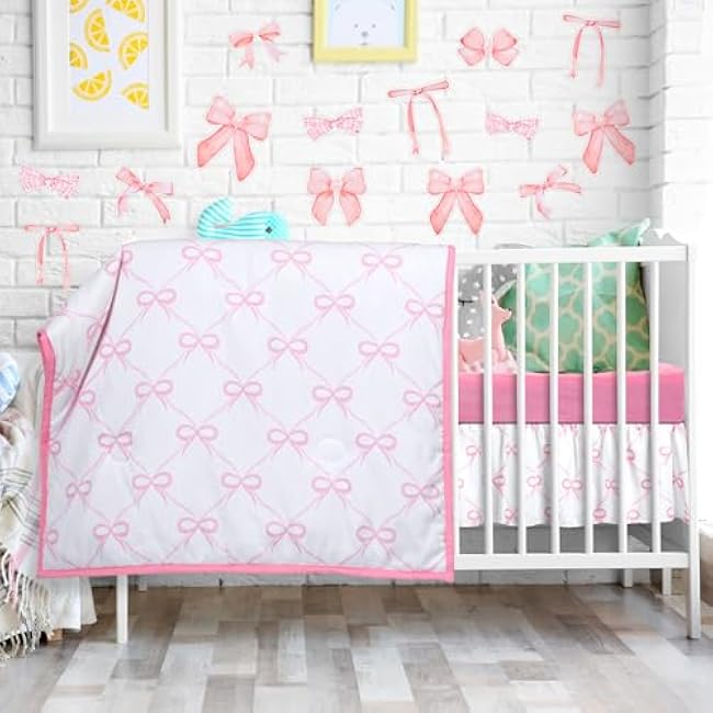5 Pcs Pink Bow Theme Crib Bedding Set Include Bow Knot Print Crib Sheets Bed Skirt Comforter Pad Cover Wall Stickers for Girls Princess Nursery Room Decoration