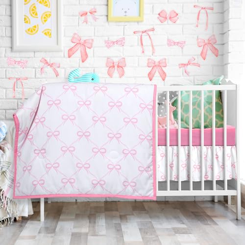 Image of SmoothNovelty 5 Pcs Pink Bow Crib Bedding Set Include Print Crib Sheets Bed Skirt Comforter Pad Cover Wall Stickers for Girls Princess Nursery Room Decoration