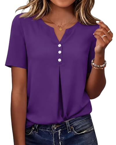 Askyes Womens Tops for Summer Casual Work Cute Chiffon Tunic Tops for Women Flowy Soft 2024 Short Sleeve Tops,Purple,M