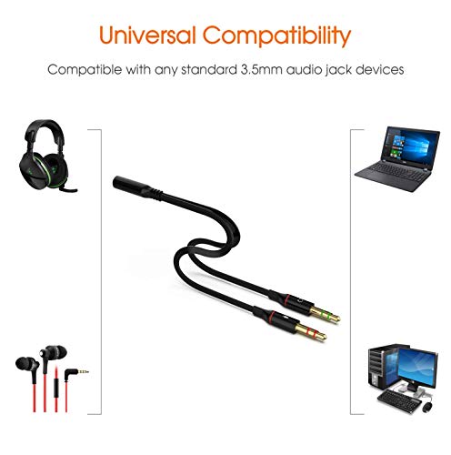 Image of BigPlayer 3.5mm Headset Audio Mic Splitter Cable Female Port to Dual Male Connectors for Laptop PC Computer Headphone Microphone Interface Black White