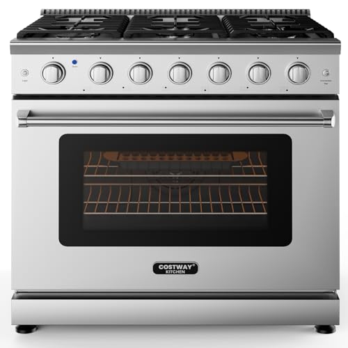 COSTWAY 48 Inches Natural Gas Range, with 7 Burners Cooktop & Double Ovens, Storage Drawer, Dual Fuels Range with Cast Iron Grates & Enamel Interior, Stainless Steel (48 Inch)