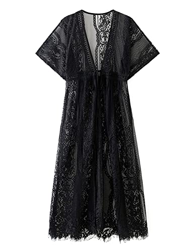 Women's Long Lace Kimono Cover Ups Tops Lightweight Summer Cardigan Dusters Sheer Boho Beach Plus Size Maxi XX-Large Black — view 5