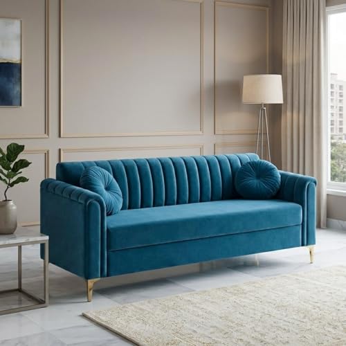 Image of FURNY Dorino 3 Seater Fabric Sofa Set (Aqua Blue) Premium Velvet Finish Durable & Comfortable Ideal for Living Room
