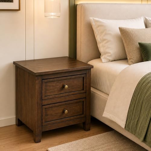 Image of Gharaana Kavya Wooden Bedside Table with Double Drawer Storage, Dark Walnut Finish, 46x38x46 cm