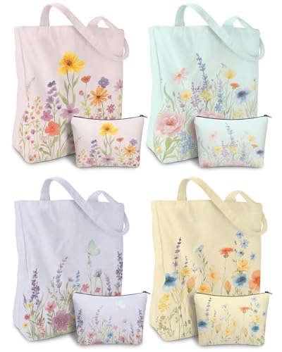 SilTriangle 8 Pcs Floral Cute Canvas Tote and Cosmetic Bags Fabric Wildflower Aesthetic Spring Reusable Gift for Mother Women(Fresh Colors)