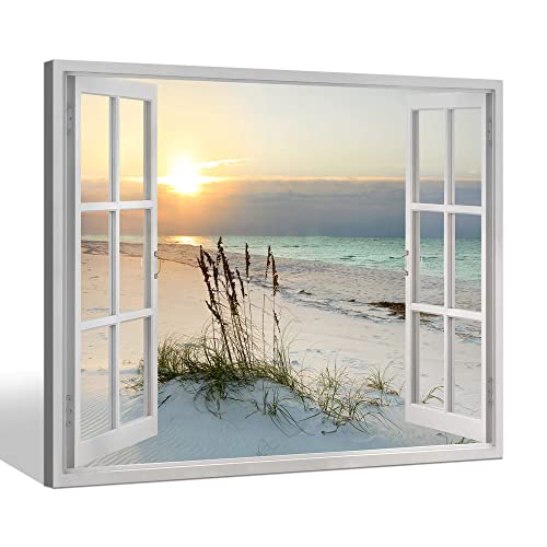 Sea Whisper Beach Window Canvas Wall art: tropical Sunrise Seascape Picture Coastal Ocean Painting Open Window Artwork Print for Bathroom Decor(12x16)