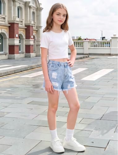Image of oyyniis Jean Shorts for Teen Girls Ripped Raw Hem High Waist Straight Leg Cute Summer Y2K Denim Shorts 13Y-16Y