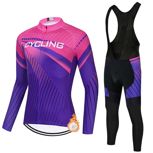 Maillot Ciclismo Mujer Invierno Ropa Bici MTB Conjunto Ciclista Polar Térmico,Traje Bicicleta Chaquetas Ciclo Manga Larga y Pantalones Tirantes con 19D Gel Acolchado,Completa de BTT Jerseys|9,3XL