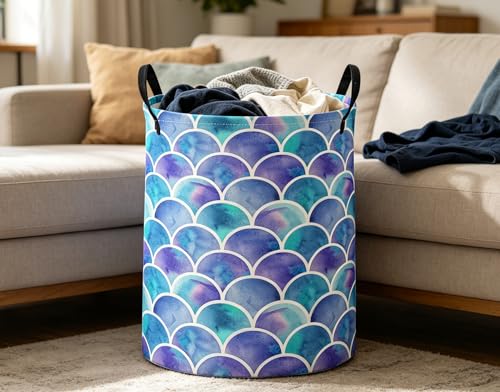 Image of ESSME Kids Laundry Basket,Mermaid Hamper Collapsible Canvas Waterproof Storage Bin for Girls, Cute Hamper,Gift Baskets(Blue)