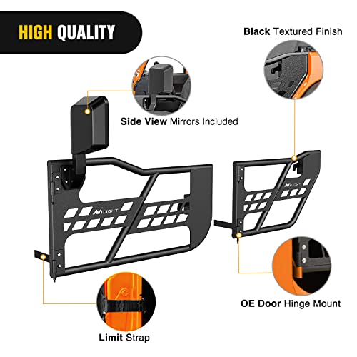 Image of Nilight Off Road Front Rear Tubular Doors W /Side View Mirrors Compatible with 2007 2008 2009 2010 2011 2012 2013 2014 2015 2016 2017 2018 Wrangler JK 4 Door Only