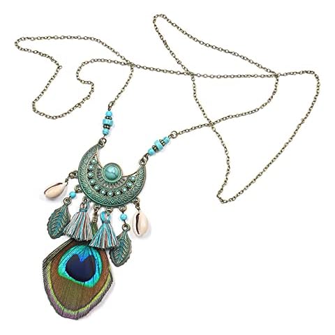 ZIVEMOT Boho Peacock Feather Pendant Chain Necklace for Women Cover