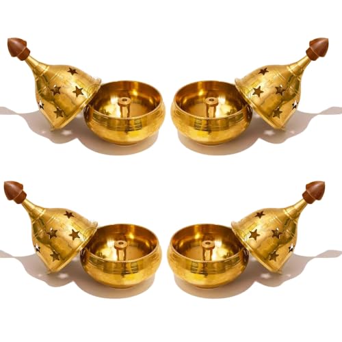 Image of Brass Diya Pure Brass Traditional Oil Puja Lamp for Temple, Mandir, Festival Decoration, Home Decor & Diwali Gift (Star Dome, Set of 4)