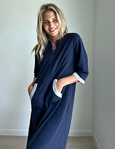 Image of Ekouaer Women Zipper Robe 3 /4 Sleeves Loungewear Dress Full Length Sleepwear Pockets Housecoat Nightgown Long Bathrobe