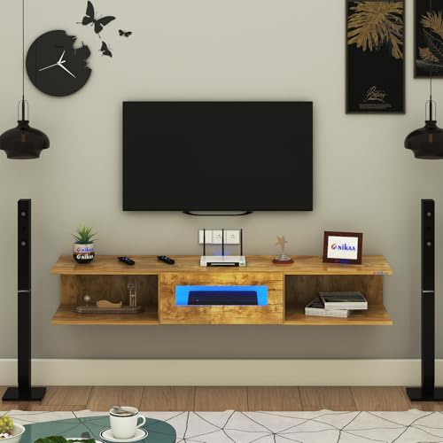 Image of Anikaa Vetra Wall Mount Modern Floating TV Unit for Living Room with Open Shelf Storage Cabinet & Middle Cabinet Blue LED Light (Ideal for 32 to 65 inch TV, DIY Installation, Gaintwood Finish)