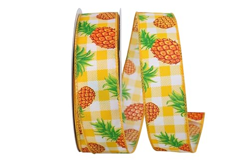 Reliant Ribbon 93802W-079-09H Pineapple On Sunshine Gingham Wired Edge Ribbon, 1-1/2 Inch X 20 Yards, Yellow