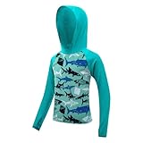 Boys Rash Guard Swim Shirts Youth Kids Long Sleeve Hoodie UPF 50+ Sun Protection Swim Top Fishing Shirt with Thumb Hole Lake Blue Shark 7-8 Years