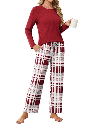 Ekouaer Schlafanzug Damen Lang Kuschelig Weich Strick Pyjama Set Kariert Pyjamahose mit Tasche Hausanzug, Rot, L