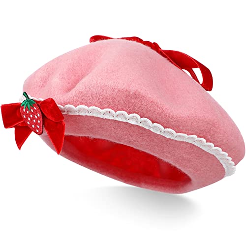 Kesyoo Berets Strawberry Bow Woolen Beret Hat Wool Cap Gift Pink Handmade Fashion Warm Hat #TOP5