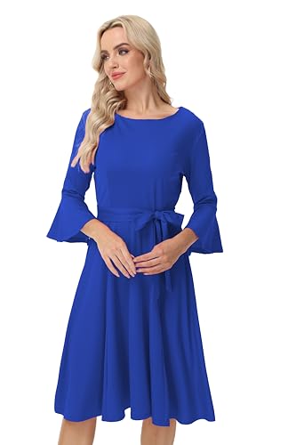 Image of Hostoyo Church Dress for Women Wedding Guest Cocktail Party Dresses Evening Prom Formal Modest Gowns Crew Neck Bell Sleeve