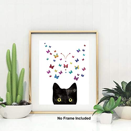 Kairne Black Cat With Colorful Butterfly Art Print,Set Of 3(8”X10”) Watercolor Animals Canvas Kitten Poster Rainbow Cat Painting,Modern Wall Art,Cat Gifts For Women,Girls Bedroom,House Decor. #TOP4