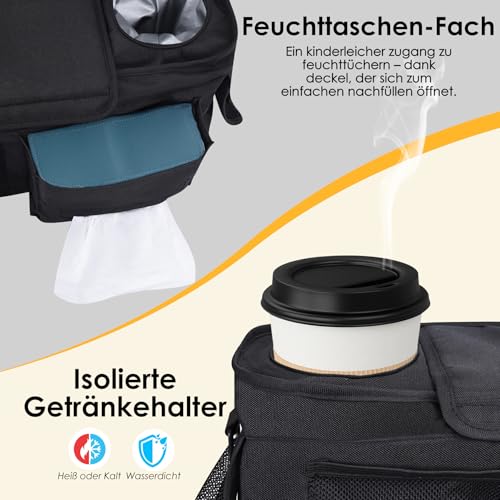 Universal Kinderwagen Organizer mit isolierten Getränkehalter/Becherhalter, Verstellbare Baby Buggy Kinderwagentasche für Windeln & Handys, Baby Kinderwagen Schultergurt & Zubehör (Schwarz)