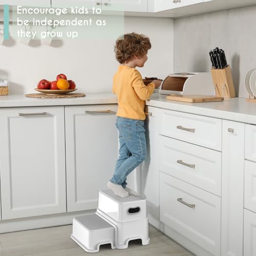 Image of Victostar 2 Step Stool for Kids, Anti-Slip Sturdy Toddler Two Step Stool for Toilet Potty Training, Bathroom,Kitchen(Grey-White)