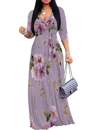 Image of SUZONANA Plus Size Dresses for Women Floral Print Maxi Dress Flowy 3 /4 Sleeve with Belt