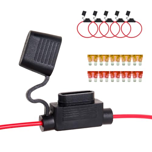 SCOOYUCK 5 Stück 18 AWG Sicherungshalter 12 Volt, Standard Medium ATC/ATO KFZ Flachsicherungshalter, Ausgestattet mit Sicherung (5x5A, 5×10A) Geeignet für Standard Sicherungshalter für Pkw, Lkw