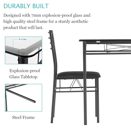 Image of VECELO Dining Table Set for 4, 5-Piece Glass Kitchen Table with Upholstered Padded Chairs for Small Space, Breakfast Nook, Space-Saving, Black