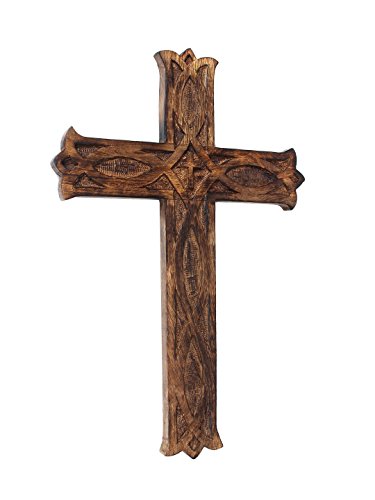 storeindya, Decorations Wooden Celtic Cross Long Wall Hanging French Cross Hand Carved Antique Design Religious Altar Home Living Room Decor Accessory (Brown) - Thumbnail 4