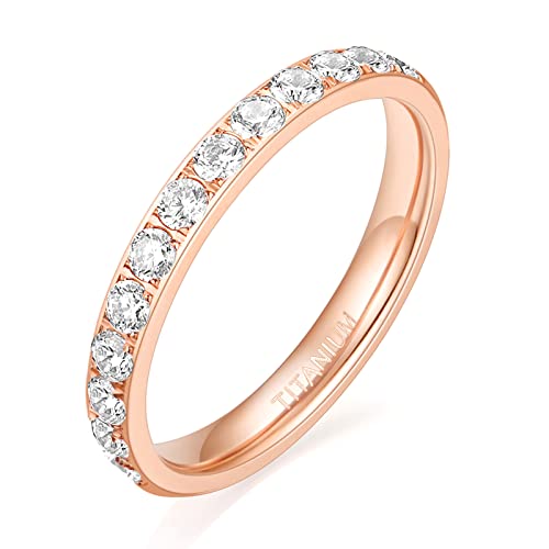 TIGRADE 3mm Women Titanium Engagement Ring Half Cubic Zirconia Eternity Wedding Band Size 3-13 Rose Gold Size 7