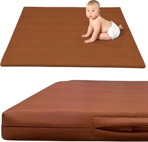 Play and Sprout Premium Large Vegan Leather 1.4 Inch Thick Padded Baby Play Mat – Soft, Cushioned, Non-Toxic, and Easy to Clean, Brown, Large Size, Faux Leather Playmat (48