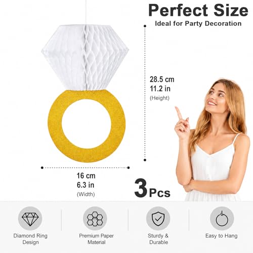 Image of HASTHIP Glitter Gold Diamond Ring Honeycomb Ball, 3 Pack Paper Engagement Decoration, Hanging Ornament for Wedding Bridal Shower Sangeet Haldi Photo Booth Props Diamond Ring Honeycomb Decor