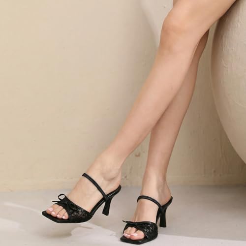 Image of Bow Kitten Heels for Women Square Toe Mesh Sandals Knots Heels for Wedding Party