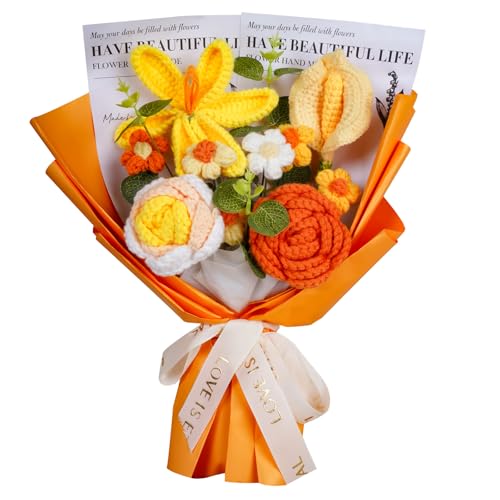 janeunique Crochet Flowers Bouquet Knitted Flower Bouquet for Anniversary Graduation Outdoor Home Decoration Wedding (Yellow)