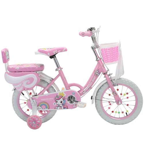 Touch of Venetian 12 14 16 18 20 Girls Children Bike with Stabilisers Wheels Bell Kids Bike for Ages 2-9 Years Old Bicycle Multiple Colors Bow Pink Purple Unicorn Rainbow (Pink 18 Inch)