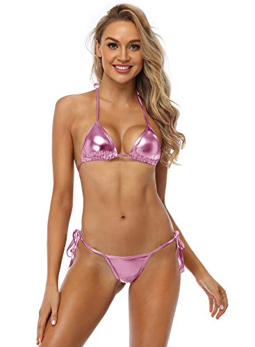 Women's Liquid Metallic Rainbow Bikini Sets Shiny String Padded Triangle 2 Pieces Swimsuit Set2